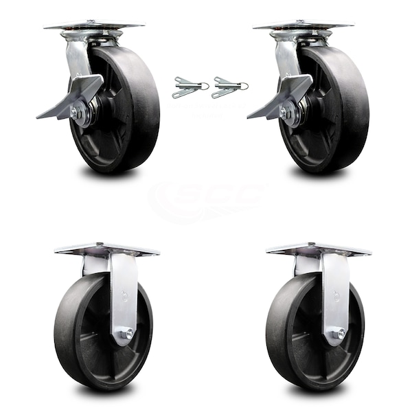 8 Inch Glass Filled Nylon Caster Brakes/Swivel Locks and 2 Rigid SCC, 2PK